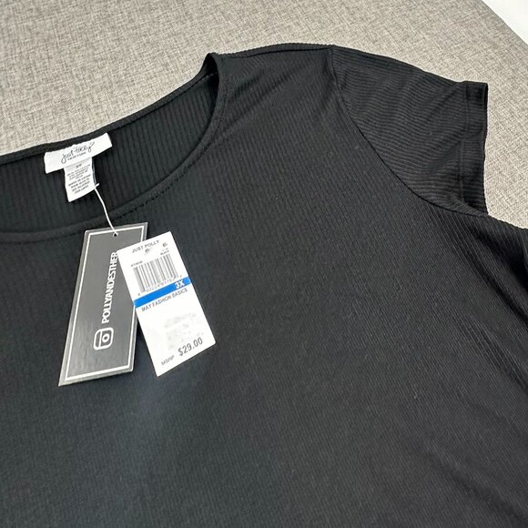 NEW Just Polly Black Blouse Plus 3X Stretch Round Neck Short Sleeve Cut Out Ring - Picture 3 of 9